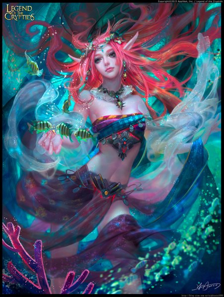 Anime picture 1000x1327 with legend of the cryptids yu-han single long hair tall image blue eyes bare shoulders red hair lips pointy ears bare belly underwater girl earrings animal fish (fishes)