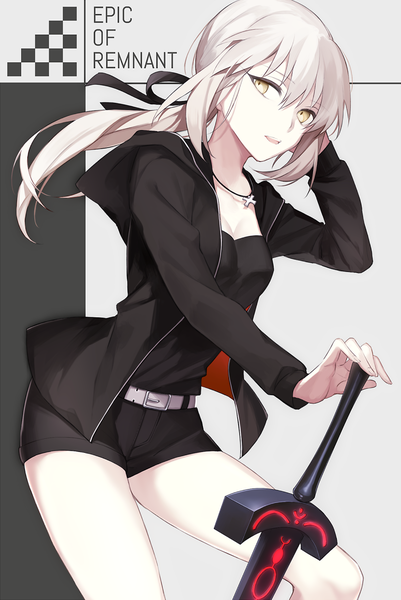 Anime picture 800x1195 with fate (series) fate/grand order fate/stay night artoria pendragon (all) saber saber alter wowishi single long hair tall image looking at viewer simple background smile holding yellow eyes bent knee (knees) white hair parted lips wind inscription