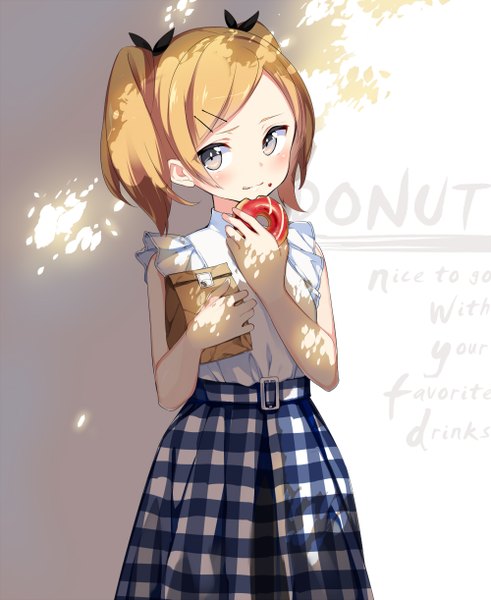 Anime picture 1000x1222 with shirobako p.a. works yano erika sama (artist) single long hair tall image looking at viewer blush blonde hair standing twintails holding sunlight inscription grey eyes plaid skirt eating girl skirt