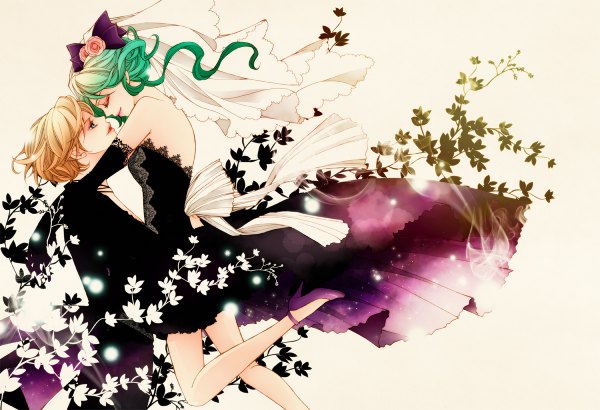 Anime picture 1200x820 with bishoujo senshi sailor moon toei animation kaiou michiru tenou haruka sailor neptune sailor uranus sizh long hair short hair simple background blonde hair bare shoulders multiple girls bent knee (knees) eyes closed profile multicolored hair hair flower aqua eyes light smile