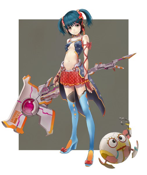 Anime picture 1500x1782 with original manbou (manvow) single tall image looking at viewer short hair smile twintails bare shoulders brown eyes blue hair pleated skirt border short twintails outside border girl navel hair ornament weapon thigh boots