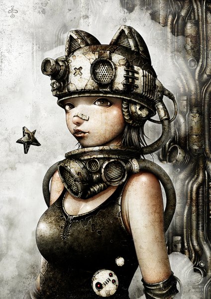 Anime picture 849x1200 with original shichigoro single tall image looking at viewer short hair breasts black hair simple background bare shoulders brown eyes animal ears parted lips cat ears grey background bandaid on nose post-apocalyptic cyberpunk girl star (symbol)