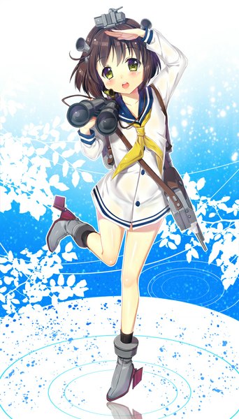 Anime picture 571x1000 with kantai collection yukikaze destroyer cnm single tall image looking at viewer blush short hair open mouth brown hair green eyes girl bag branch sailor suit binoculars