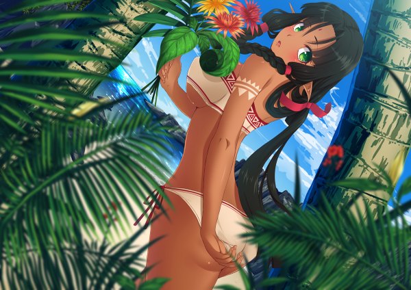 Anime picture 1200x849 with original mame shitogi single long hair blush breasts open mouth light erotic black hair green eyes sky cloud (clouds) braid (braids) looking back pointy ears beach dark skin elf tropical girl