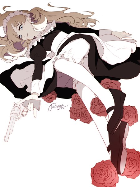 Anime picture 700x933 with original rahwia single long hair tall image blue eyes blonde hair smile signed full body lying long sleeves maid puffy sleeves girl uniform flower (flowers) weapon shoes frills