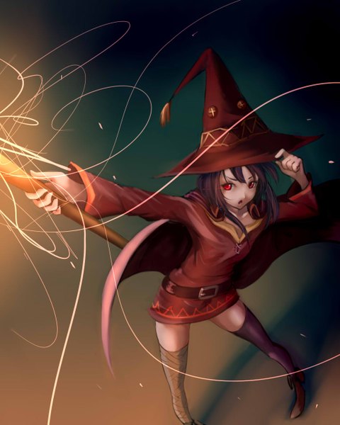Anime picture 1024x1280 with kono subarashii sekai ni shukufuku wo! studio deen megumin tanshi (tansy520) tall image fringe short hair red eyes standing holding payot purple hair from above :o shadow spread legs outstretched arm magic serious adjusting hat