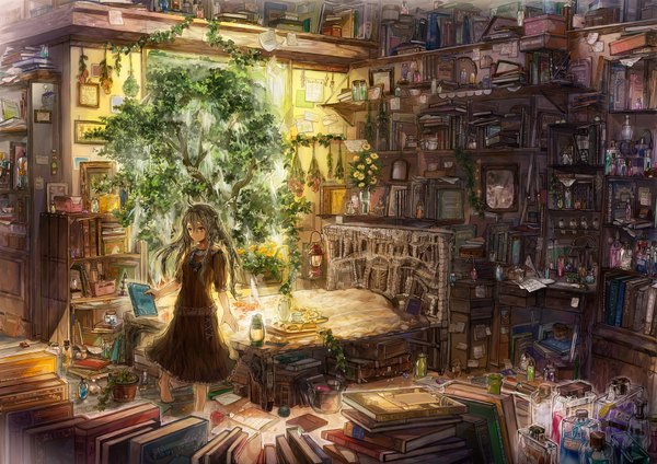 Anime picture 2000x1414 with original neyagi long hair highres brown eyes ahoge barefoot grey hair detailed girl dress hair ornament flower (flowers) ribbon (ribbons) plant (plants) tree (trees) book (books) bed jewelry hairpin (hairpins)