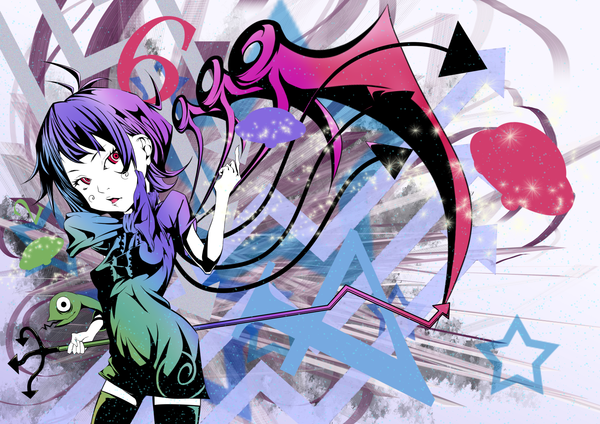 Anime picture 1413x1000 with touhou houjuu nue akaikitsune short hair red eyes purple hair girl dress bow wings star (symbol) snake spacecraft ufo flying saucer