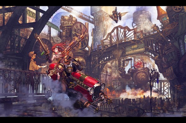 Anime picture 1500x990 with original pixiv steampunk ochurucchuru long hair short hair red eyes bare shoulders green eyes looking away cleavage red hair sunlight floating hair city letterboxed smoke cityscape outstretched hand sunbeam steam