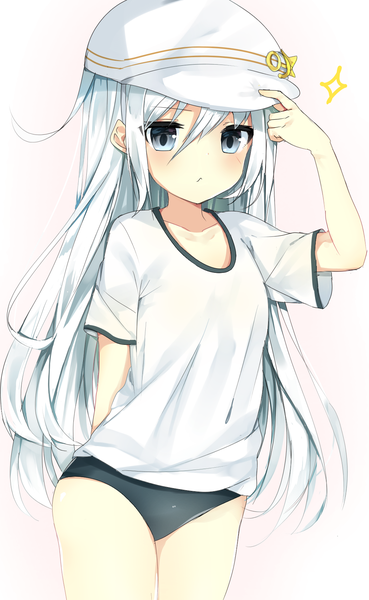 Anime picture 1046x1700 with kantai collection hibiki destroyer verniy destroyer umibouzu (niito) single long hair tall image looking at viewer blush fringe light erotic simple background standing silver hair silver eyes girl uniform t-shirt gym uniform flat cap