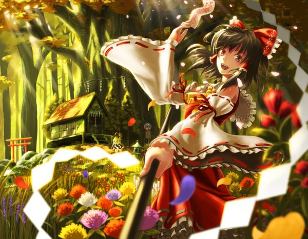 Anime picture 1400x1089 with touhou hakurei reimu kirisame marisa doora (dora0913) looking at viewer short hair open mouth black hair smile red eyes wide sleeves depth of field solo focus miko girl flower (flowers) bow plant (plants) hair bow detached sleeves