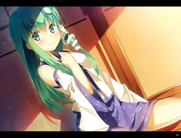Anime picture 1522x1158 with touhou kochiya sanae niwashi (yuyu) single long hair looking at viewer blush fringe breasts smile sitting green eyes traditional clothes green hair letterboxed girl hair ornament detached sleeves animal hair tubes