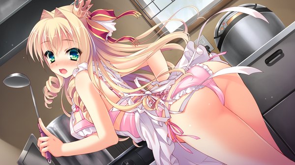 Anime picture 1280x720 with love love princess marigold bruette erland rubi-sama single long hair blush open mouth light erotic blonde hair wide image green eyes game cg ass looking back leaning dutch angle leaning forward drill hair surprised frilled bra
