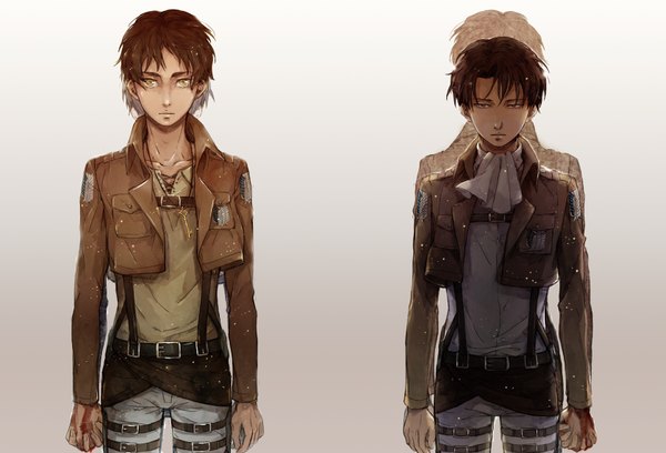 Anime picture 1680x1144 with shingeki no kyojin production i.g eren yaeger levi (rivaille) nk33 looking at viewer short hair black hair simple background brown hair white background yellow eyes multiple boys holding hands back to back boy uniform belt thigh strap 2 boys