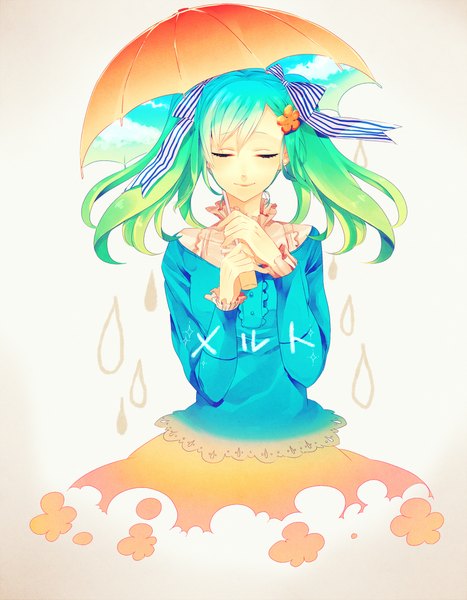 Anime picture 1700x2183 with vocaloid melt (vocaloid) hatsune miku kyama single long hair tall image highres simple background twintails eyes closed multicolored hair aqua hair sky print girl dress ribbon (ribbons) umbrella water drop