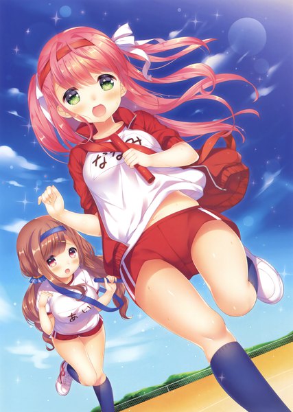 Anime picture 2489x3500 with original natsume asato long hair tall image blush highres open mouth light erotic red eyes brown hair multiple girls green eyes pink hair sky cloud (clouds) scan official art girl uniform 2 girls
