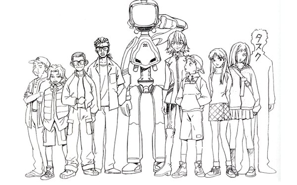 Anime picture 1440x900 with flcl gainax haruhara haruko samejima mamimi nandaba naota canti nandaba kamon masamune masashi manabe gaku nandaba shigekuni wide image everyone lineup