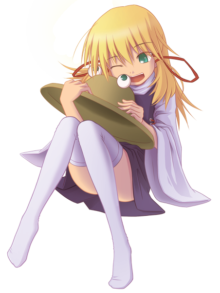 Anime picture 1500x1988 with touhou moriya suwako kujira-kousen single tall image short hair open mouth blonde hair green eyes full body one eye closed wink no shoes transparent background knees together feet apart girl thighhighs ribbon (ribbons) hair ribbon hat