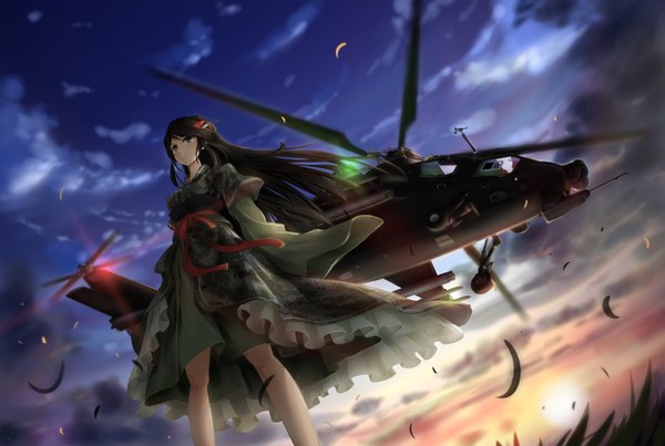 Anime picture 3357x2256 with original tc1995 single long hair highres black hair green eyes looking away absurdres sky cloud (clouds) traditional clothes japanese clothes wind wide sleeves military army girl hair ornament bow