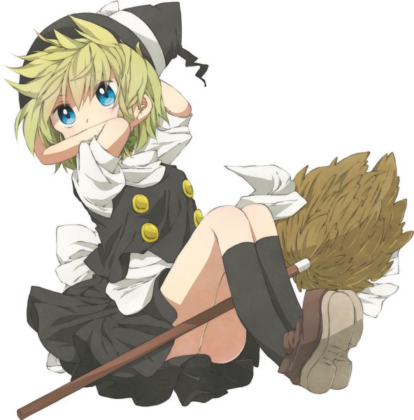 Anime picture 1480x1500 with touhou kirisame marisa henki (orange) single tall image short hair blue eyes simple background blonde hair white background looking away arms behind head girl skirt socks black socks witch hat skirt set broom