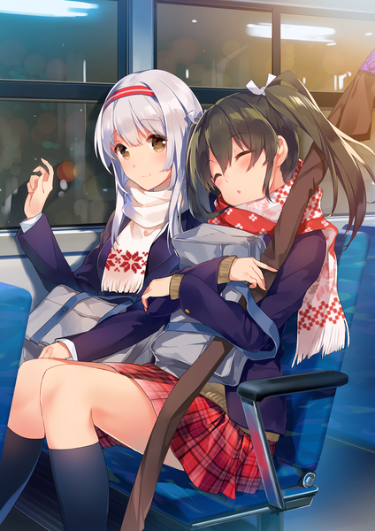 Anime picture 1000x1414 with kantai collection shoukaku aircraft carrier zuikaku aircraft carrier tousaki umiko long hair tall image blush open mouth brown hair multiple girls brown eyes white hair eyes closed girl skirt 2 girls socks hairband scarf black socks