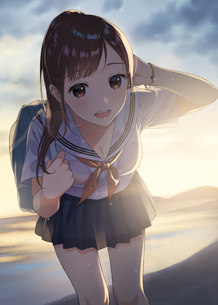 Anime picture 777x1087 with original morikura en single long hair tall image looking at viewer fringe breasts open mouth light erotic smile brown hair brown eyes ponytail sunlight leaning leaning forward wet clothes hand on head girl