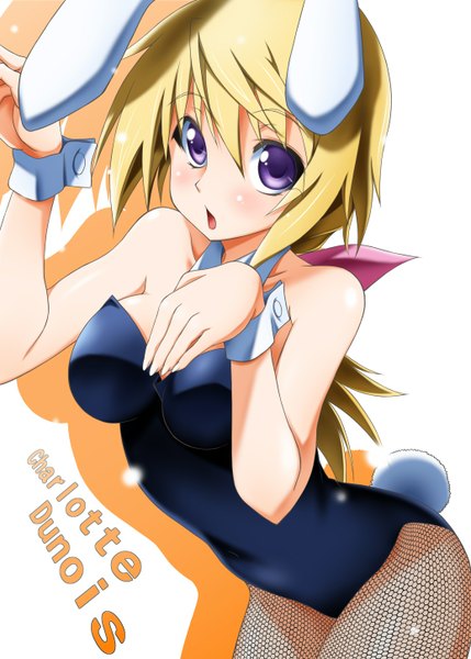 Anime picture 1036x1450 with infinite stratos 8bit charles dunois sumeragi tomo single long hair tall image open mouth light erotic blonde hair purple eyes bunny ears bunny girl girl bunnysuit