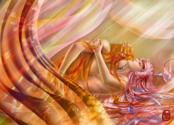 Anime picture 1420x1024 with pili (game) ken (pixiv 2455989) long hair blue eyes light erotic white hair red hair profile multicolored hair orange hair realistic topless kiss yaoi boy curtains