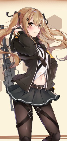 Anime picture 2362x4941 with girls frontline ump9 (girls frontline) bada (jksh5056) single long hair tall image looking at viewer blush fringe highres simple background hair between eyes brown hair standing twintails holding brown eyes payot pleated skirt open jacket