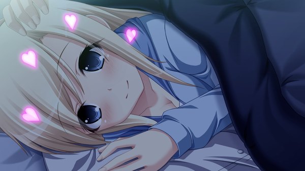 Anime picture 1280x720 with koi suru kimochi no hanakotoba kazamatsuri kana long hair looking at viewer blush blue eyes blonde hair smile wide image game cg girl heart pajamas