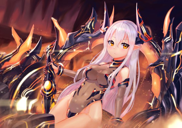 Anime picture 1169x827 with granblue fantasy colo mag-chan (granblue fantasy) ranyu single long hair looking at viewer blush fringe breasts light erotic hair between eyes large breasts holding signed yellow eyes white hair horn (horns) pointy ears blurry dutch angle