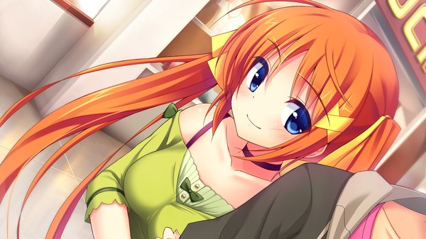 Anime picture 2560x1440 with wagaya no himegami-sama! long hair blush highres blue eyes smile wide image twintails game cg orange hair girl ribbon (ribbons) hair ribbon