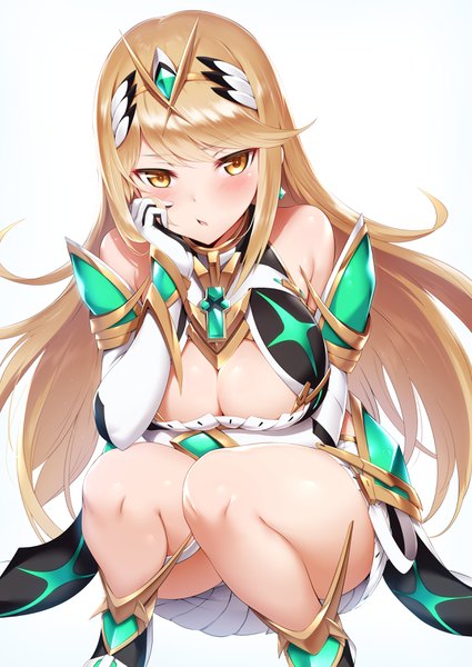 Anime picture 2508x3541 with xenoblade xenoblade 2 mythra (xenoblade) mdastarou single long hair tall image looking at viewer blush fringe highres breasts open mouth light erotic blonde hair simple background large breasts white background bare shoulders brown eyes