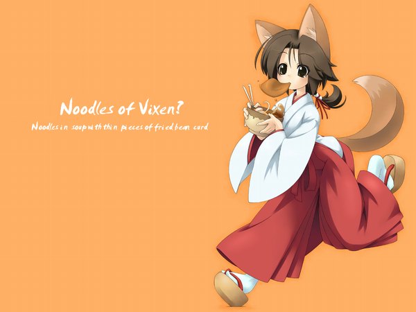 Anime picture 1024x768 with japanese clothes fox girl miko orange background girl