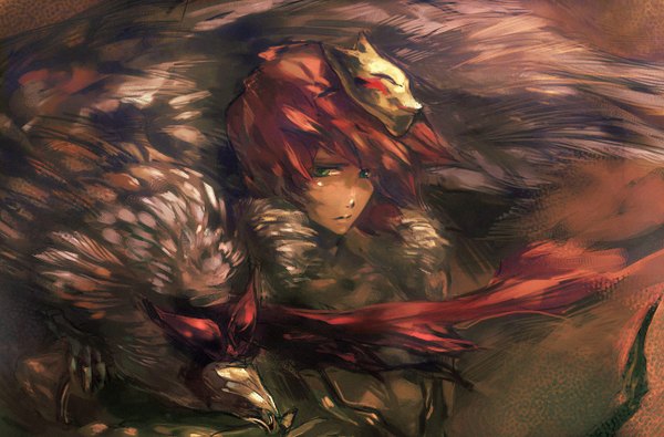 Anime picture 1292x852 with sakaya (artist) single short hair green eyes red hair girl animal bird (birds) mask eagle