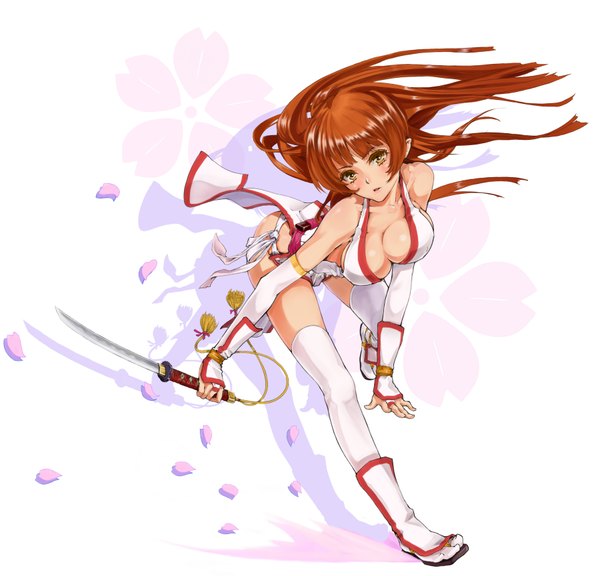 Anime picture 1800x1730 with dead or alive kasumi (doa) yamaishi (mukoubuti) single looking at viewer blush highres breasts light erotic simple background brown hair white background bare shoulders brown eyes cleavage leaning leaning forward floral background girl gloves