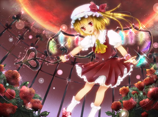 Anime picture 2700x1998 with touhou flandre scarlet rikkunia single highres short hair blonde hair red eyes red moon girl dress skirt flower (flowers) bow weapon hair bow petals wings skirt set crystal