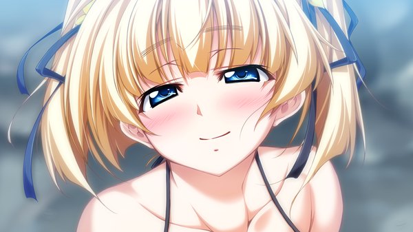 Anime picture 1024x576 with taiyou no promia taiyou no promia flowering days elegano von kreutzer blush short hair blue eyes blonde hair smile wide image twintails bare shoulders game cg short twintails girl ribbon (ribbons) hair ribbon