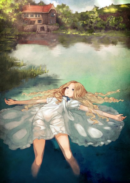 Anime picture 900x1271 with omoide no marnie studio ghibli marnie kaoming single long hair tall image blue eyes blonde hair looking away lying girl dress plant (plants) tree (trees) water white dress building (buildings) house