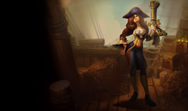 Anime picture 1215x717 with league of legends miss fortune (league of legends) single long hair fringe wide image hair over one eye pirate girl weapon gun suit pistol watercraft ship pirate hat chest net