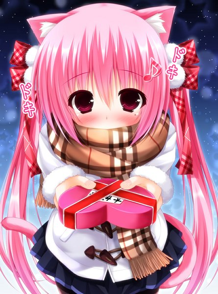 Anime picture 825x1112 with original yunagi amane single long hair tall image looking at viewer blush red eyes twintails animal ears pink hair tail animal tail cat ears cat girl cat tail valentine girl skirt ribbon (ribbons)