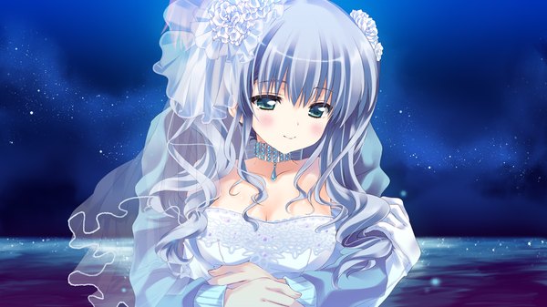 Anime picture 1280x720 with hoshi no ouji-kun ringo aoi qp:flapper long hair wide image green eyes blue hair game cg night girl dress wedding dress