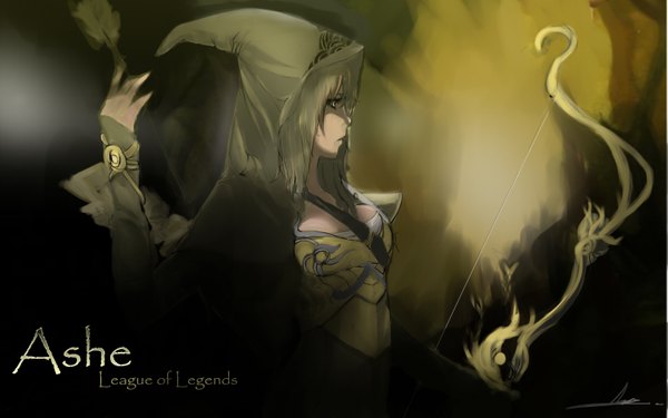 Anime picture 1440x900 with league of legends ashe (league of legends) single long hair wide image yellow eyes girl gloves weapon hood cloak bow (weapon) arrow (arrows)