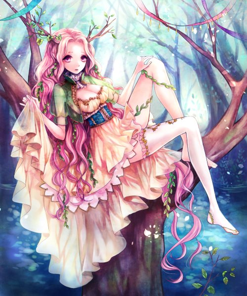 Anime picture 1050x1260 with original clona single tall image looking at viewer breasts light erotic sitting cleavage very long hair horn (horns) pointy ears girl thighhighs dress ribbon (ribbons) plant (plants) white thighhighs tree (trees) water