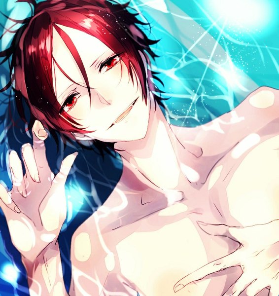 Anime picture 954x1010 with free! kyoto animation matsuoka rin supaner single tall image looking at viewer short hair open mouth smile red eyes red hair from above boy water pool