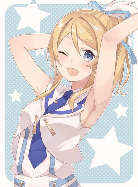 Anime picture 700x947 with love live! school idol project sunrise (studio) love live! ayase eli nagitoki single long hair tall image looking at viewer blush fringe open mouth blue eyes blonde hair smile hair between eyes upper body ponytail one eye closed wink