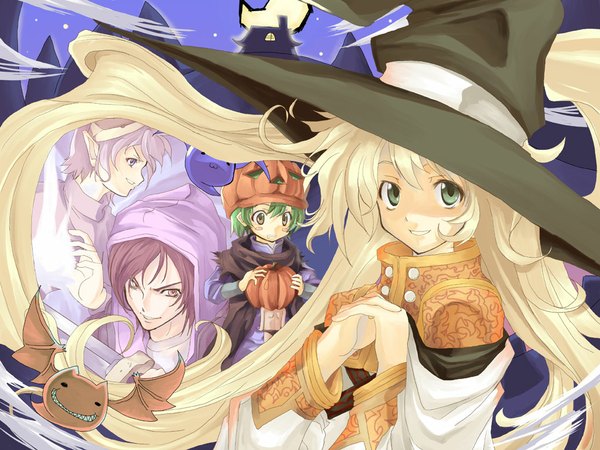 Anime picture 1024x768 with kabocha (monkey4) long hair blonde hair smile green eyes very long hair halloween hat witch hat vegetables jack-o'-lantern pumpkin