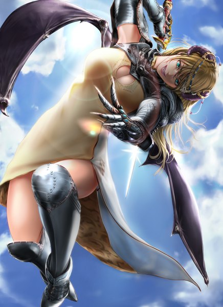 Anime picture 1200x1650 with shisshou senkoku single long hair tall image looking at viewer breasts open mouth blonde hair green eyes sky cleavage cloud (clouds) horn (horns) sunlight girl dress weapon sword wings armor