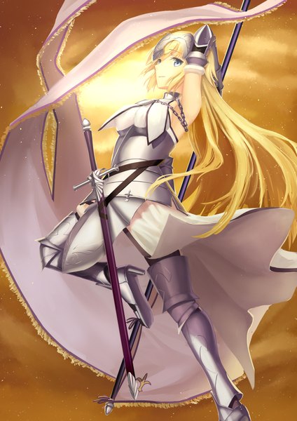 Anime picture 2894x4093 with fate (series) fate/apocrypha type-moon jeanne d'arc (fate) (all) jeanne d'arc (fate) ccjn single long hair tall image looking at viewer fringe highres blue eyes blonde hair smile standing bent knee (knees) profile high heels standing on one leg