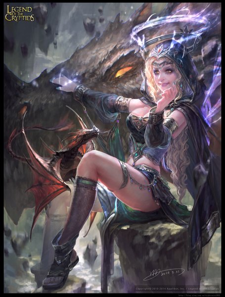 Anime picture 1620x2133 with legend of the cryptids yu-han single long hair tall image breasts blonde hair smile yellow eyes legs fantasy girl detached sleeves socks hood black socks dragon